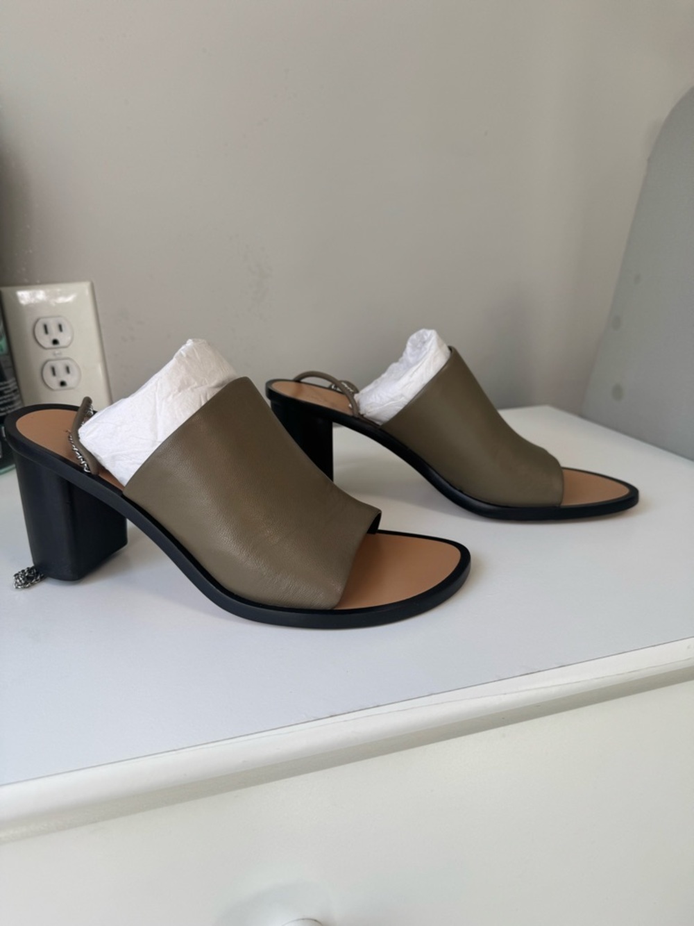 rag & bone Olive Green Leather Block Heel Slingback Mules with Silver Chain - Picture 5 of 10